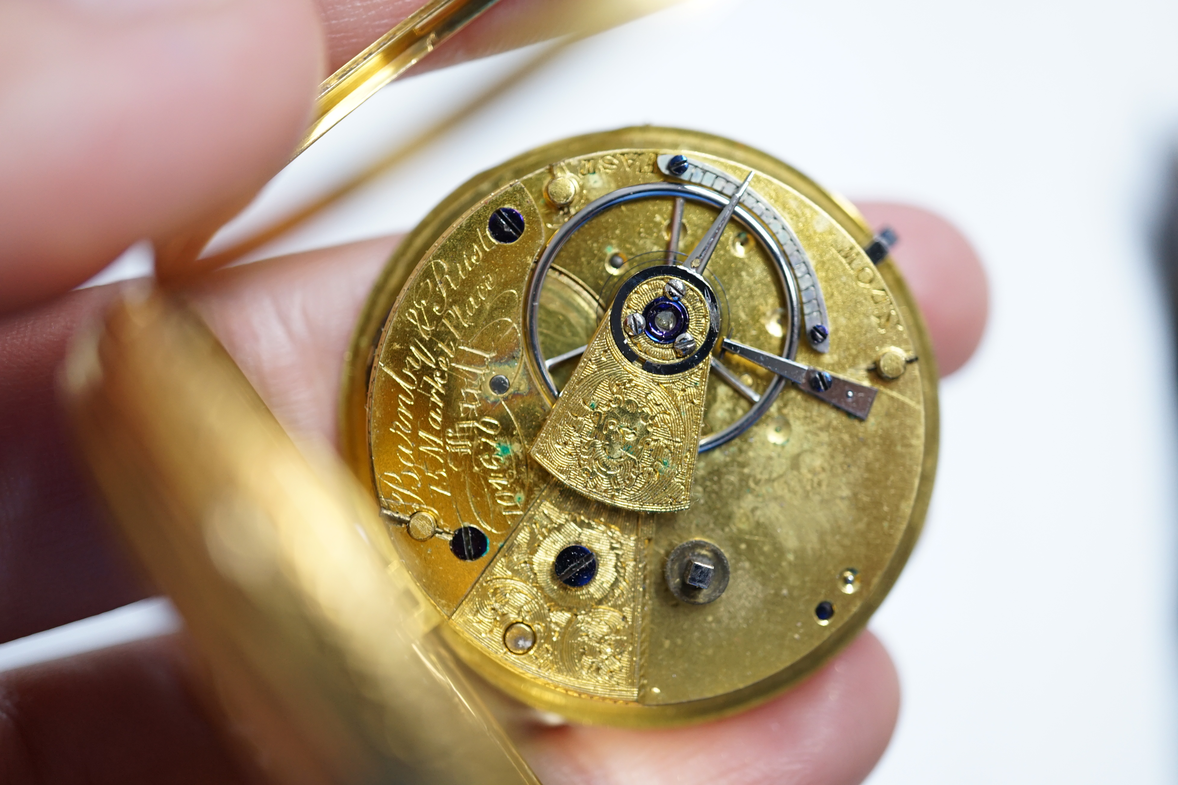 A Victorian 18ct gold open face keywind fob watch by Barnby & Rust of Hull